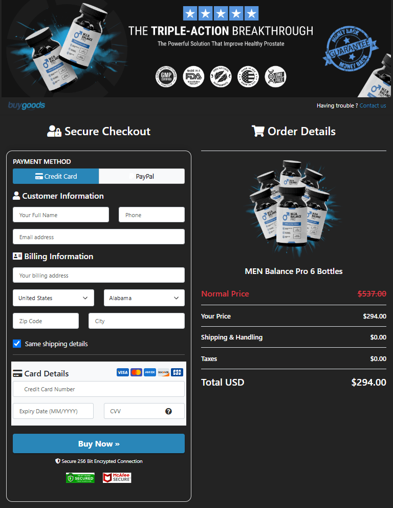 MEN Balance Pro order page
